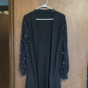 Black Pearl-Embellished Open Cardigan Sweater